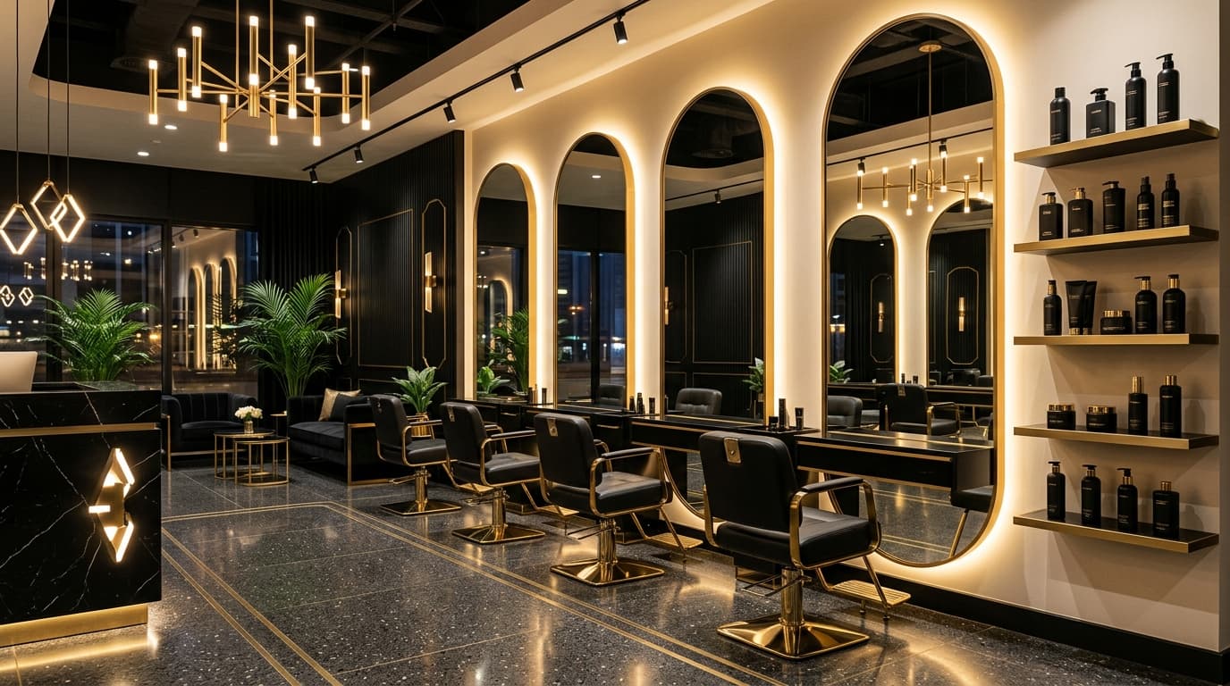 Luxury salon interior with arched mirrors, black and gold palette — Velvet Room Studio, Gurugram