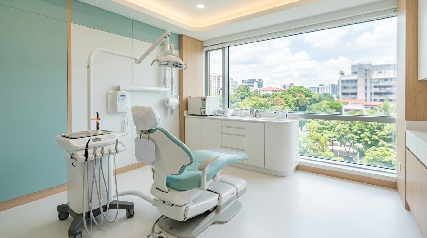 Modern dental clinic treatment room with teal and white interior, professional equipment