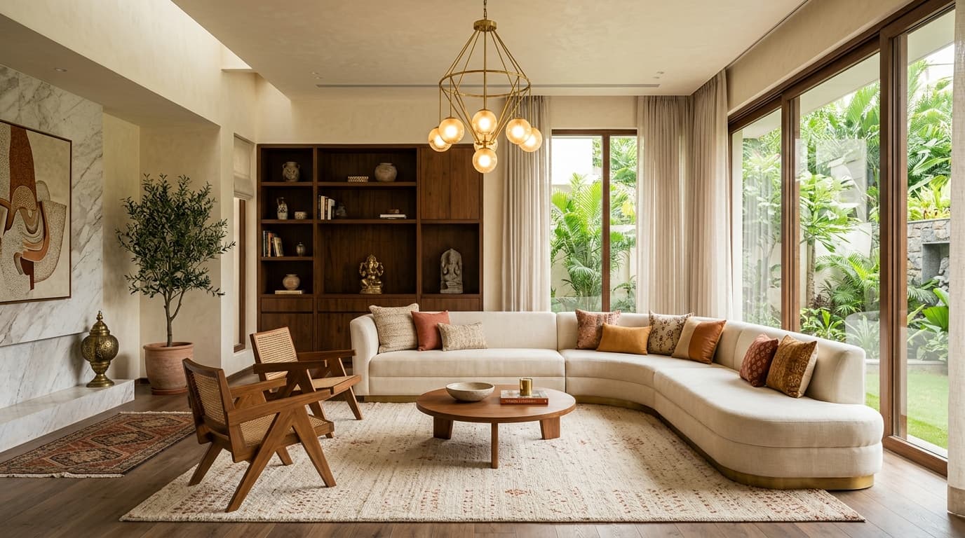 Atelier Aura interior design website — luxury Indian living room with warm ivory tones and brass accents
